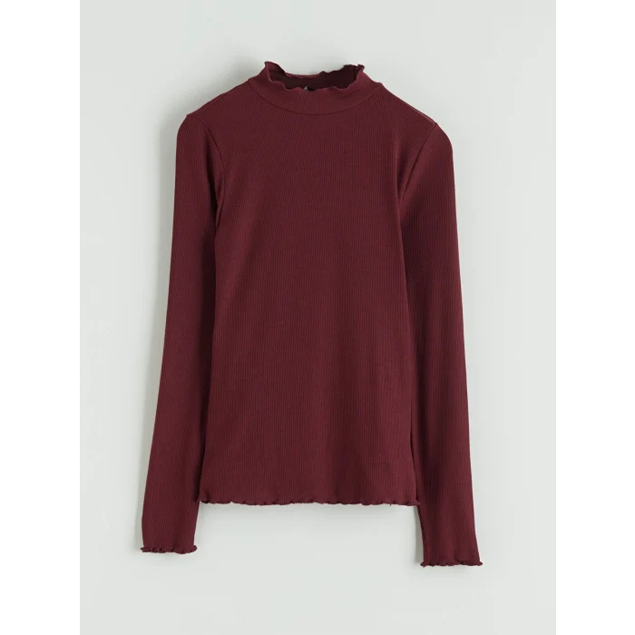 LCW Modest Bordo Fırfırlı Dik Yaka Kadın Body