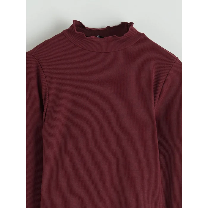 LCW Modest Bordo Fırfırlı Dik Yaka Kadın Body