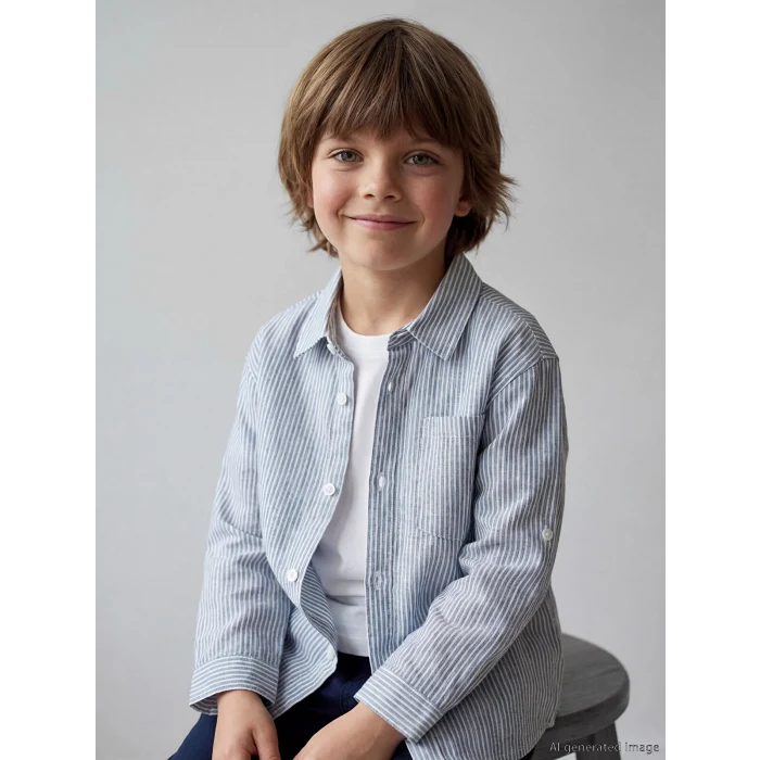LCW Kids Mavi Çizgili Keten Karışımlı Erkek Çocuk Gömlek