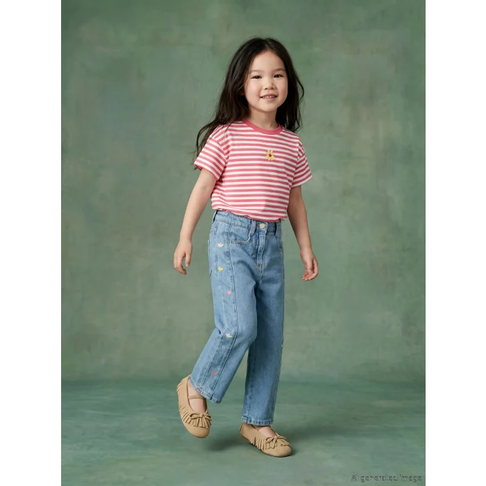 LCW Kids Mavi Regular Fit Nakışlı Kız Çocuk Jean Pantolon
