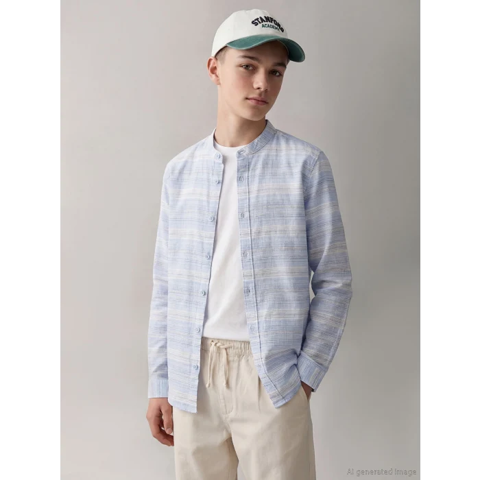 LCW Kids Mavi Hakim Yaka Çizgili Erkek Çocuk Gömlek