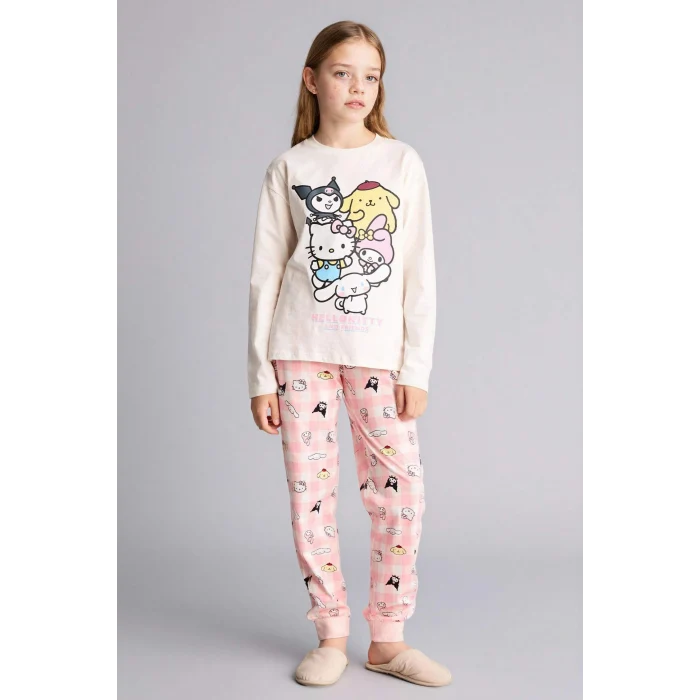Defacto H1070A8ER100 Ekru %100 Pamuklu Hello Kıtty 2li Pijama Takımı Kız Çocuk