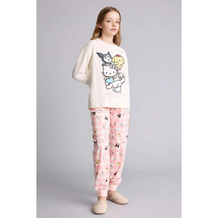 Defacto H1070A8ER100 Ekru %100 Pamuklu Hello Kıtty 2li Pijama Takımı Kız Çocuk