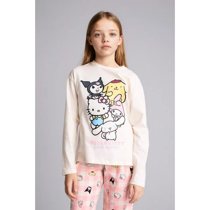 Defacto H1070A8ER100 Ekru %100 Pamuklu Hello Kıtty 2li Pijama Takımı Kız Çocuk