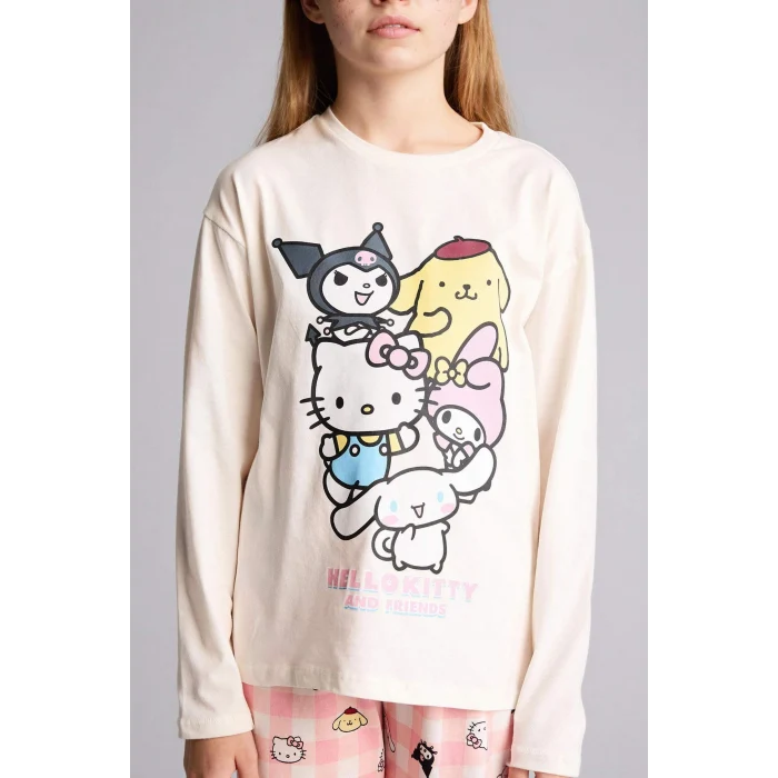 Defacto H1070A8ER100 Ekru %100 Pamuklu Hello Kıtty 2li Pijama Takımı Kız Çocuk