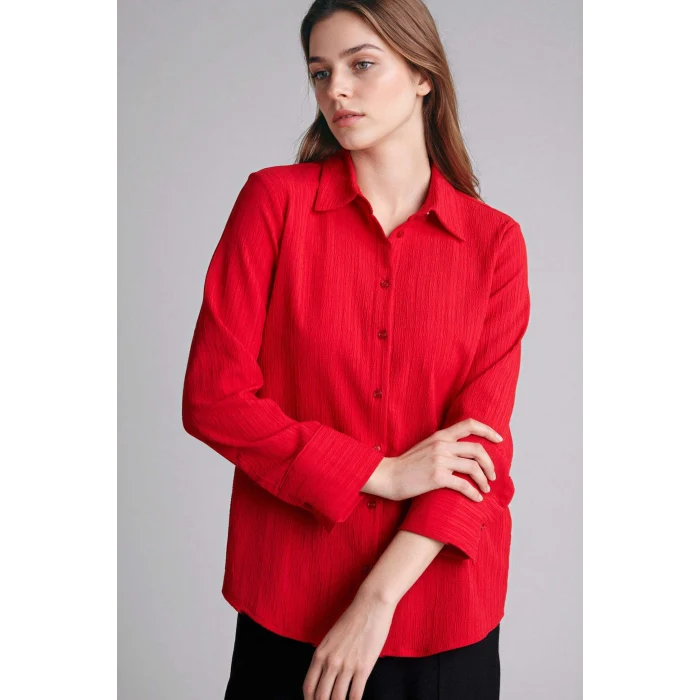 Defacto H0467AXRD256 Kırmızı Regular Fıt  Gofre Dokulu Uzun Kollu Gömlek