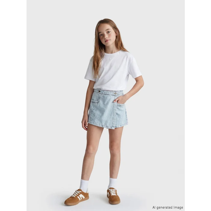 LCW Kids Mavi  Kalp Nakışlı Kız Çocuk Denim Şort Etek