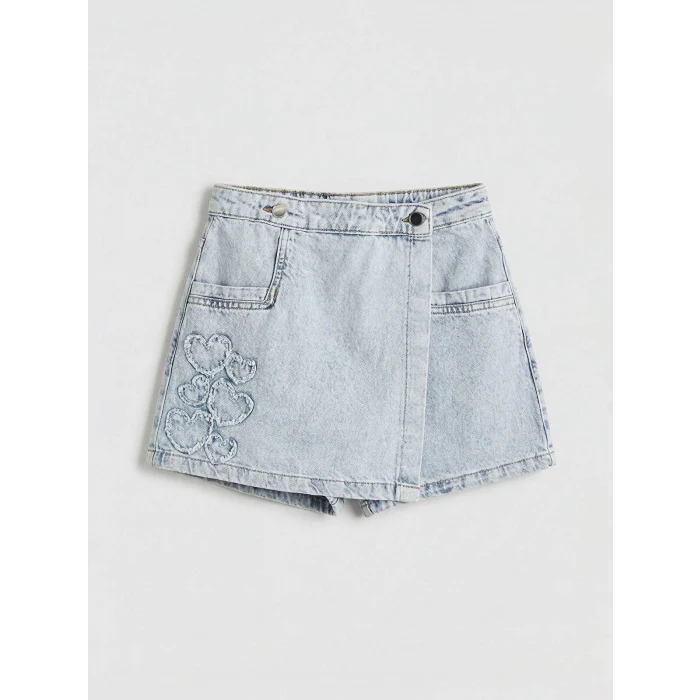 LCW Kids Mavi  Kalp Nakışlı Kız Çocuk Denim Şort Etek