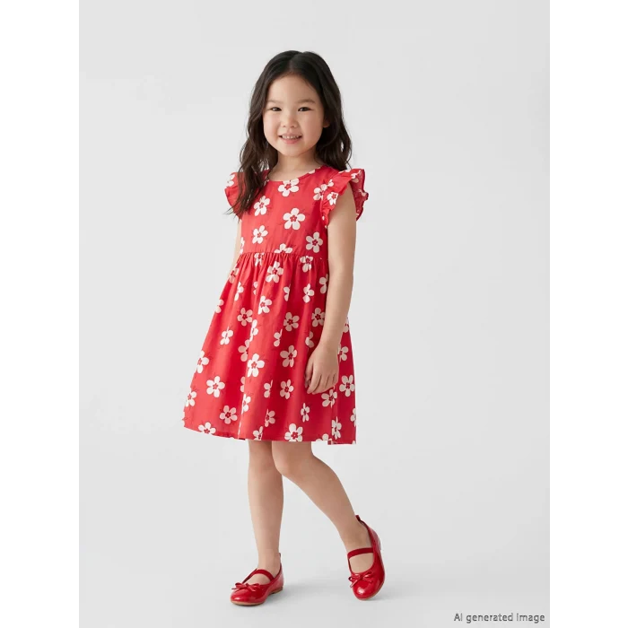 LCW Kids Kırmızı Bisiklet Yaka Çiçekli Kız Çocuk Elbise