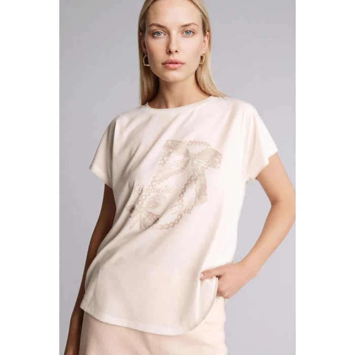 Defacto H2449AXER105 Ekru Baskılı Kısa Kollu Tişört