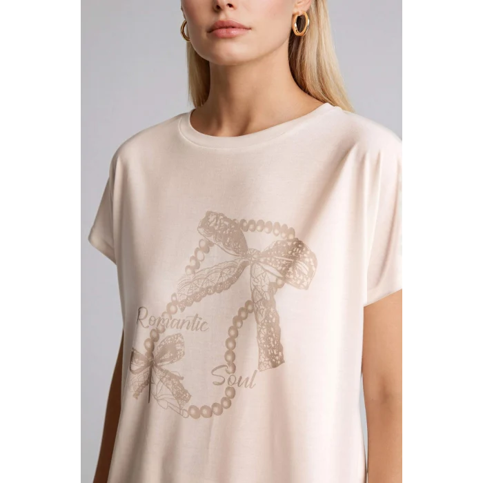 Defacto H2449AXER105 Ekru Baskılı Kısa Kollu Tişört