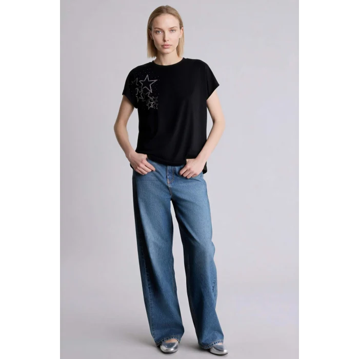 Defacto H2457AXBK81 Siyah Bisiklet Yaka Taş Baskılı Kısa Kollu Tişört