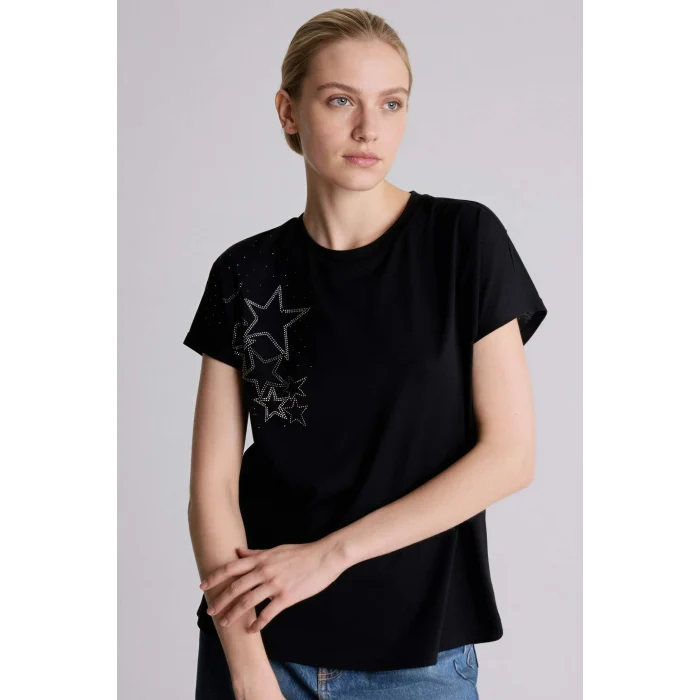 Defacto H2457AXBK81 Siyah Bisiklet Yaka Taş Baskılı Kısa Kollu Tişört