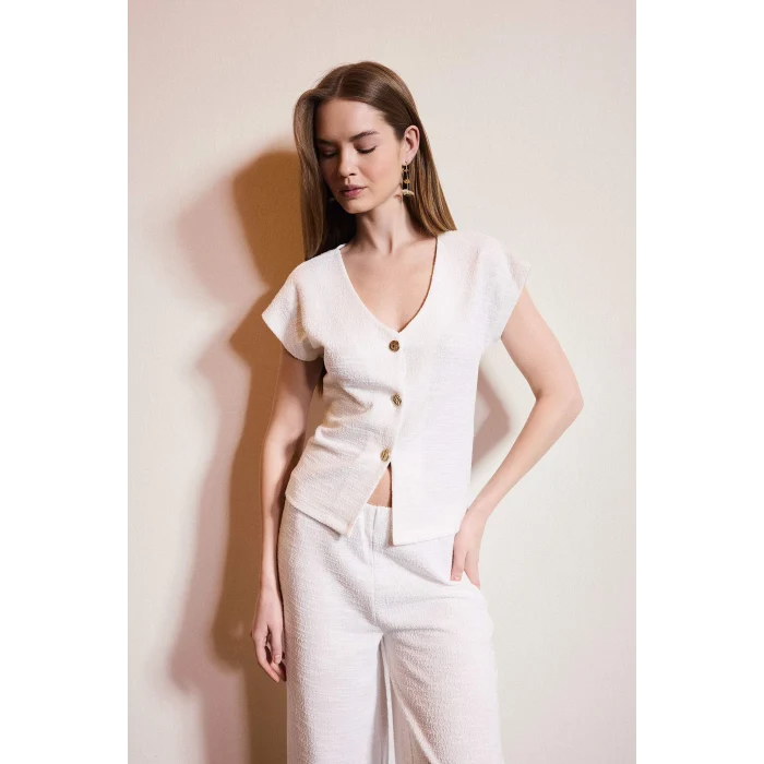 Defacto H0561AXER105 Ekru V Yaka Kısa Kollu Tişört