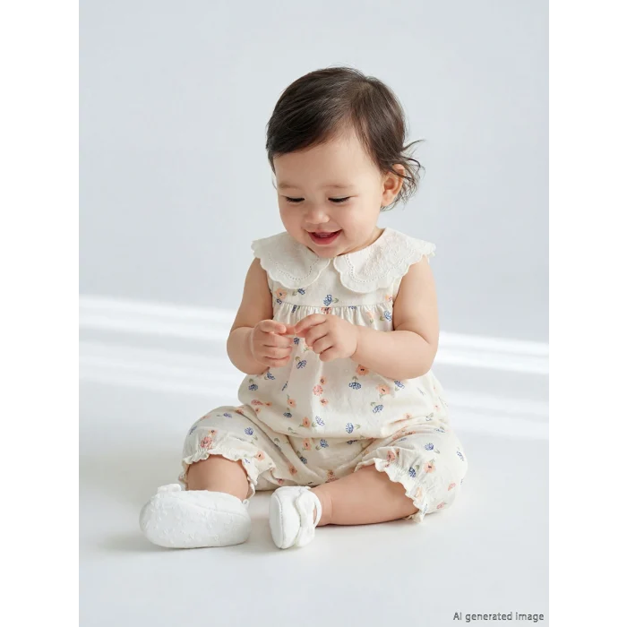 LCW baby Ekru Bebe Yaka Çiçekli Kız Bebek Tulum
