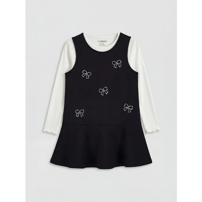 LCW Kids Siyah Bisiklet Yaka Fiyonk Detaylı Kız Çocuk Elbise