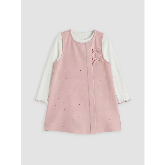 LCW Kids Pembe Bisiklet Yaka Kız Çocuk Taşlı Elbise ve Tişört