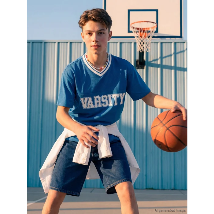 LCW Kids Mavi V Yaka Baskılı Erkek Çocuk Tişört