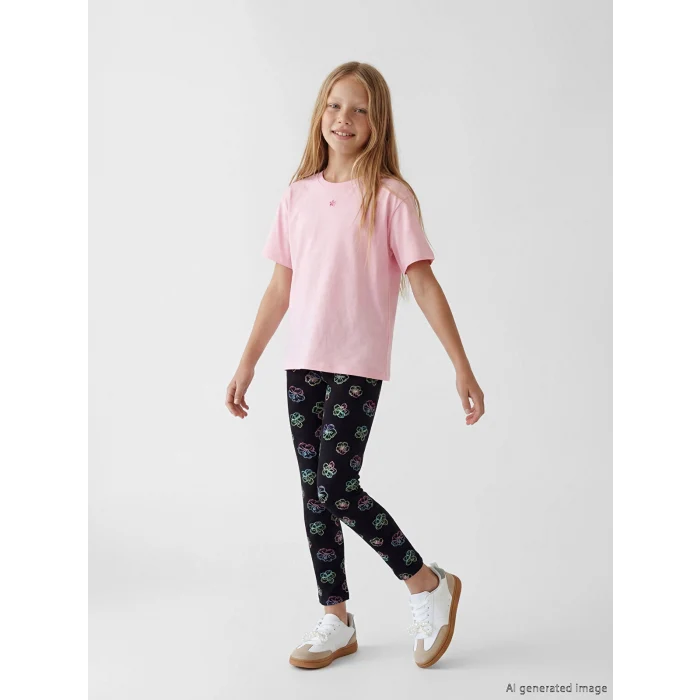 LCW Kids Siyah Beli Lastikli Çiçekli Kız Çocuk 3/4 Boy Tayt