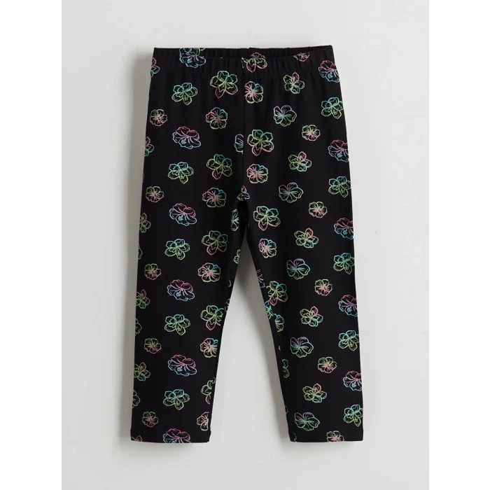 LCW Kids Siyah Beli Lastikli Çiçekli Kız Çocuk 3/4 Boy Tayt