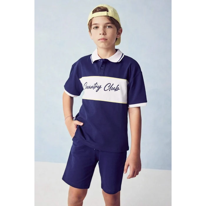 Defacto H2968A8NV135 Lacivert Ayı Baskılı Polo Tişört Erkek Çocuk