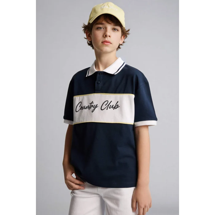 Defacto H2968A8NV135 Lacivert Ayı Baskılı Polo Tişört Erkek Çocuk