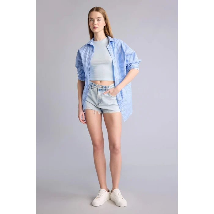 Defacto H1129AXBE343 Mavi Fıtted Bisiklet Yaka Ribana Kısa Kollu Tişört