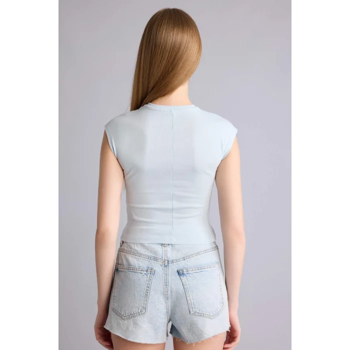 Defacto H1129AXBE343 Mavi Fıtted Bisiklet Yaka Ribana Kısa Kollu Tişört