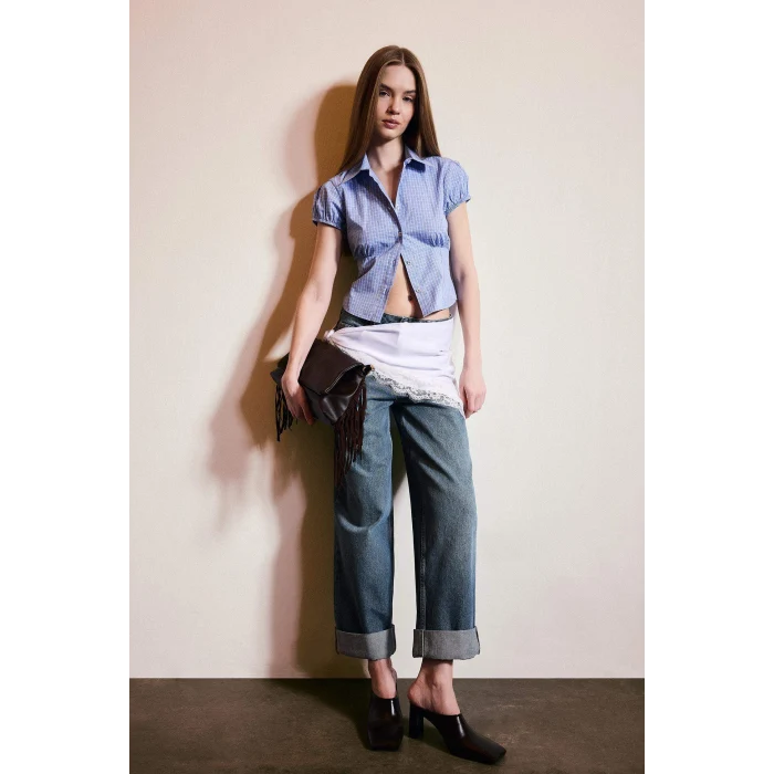 Defacto E9134AXNM28 Mavi Baggy Fıt Yüksek Bel Katlamalı Paça Jean Yıkamalı Pantolon