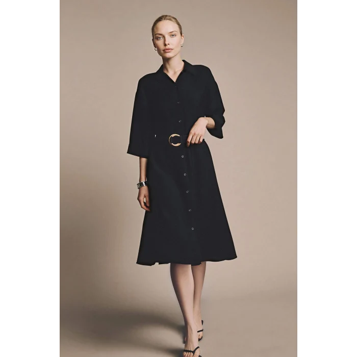 Defacto H0231AXBK81 Siyah Regular Fıt Yarım Kollu Midi Elbise