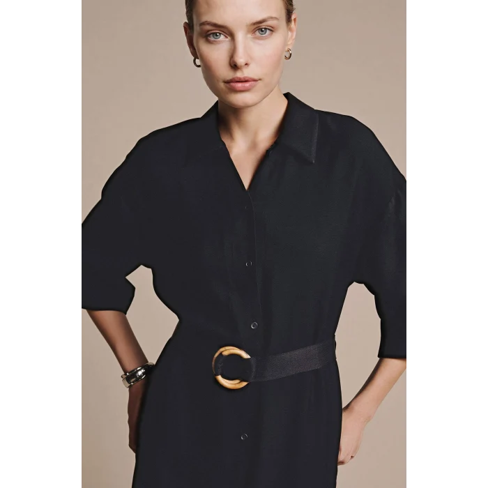 Defacto H0231AXBK81 Siyah Regular Fıt Yarım Kollu Midi Elbise