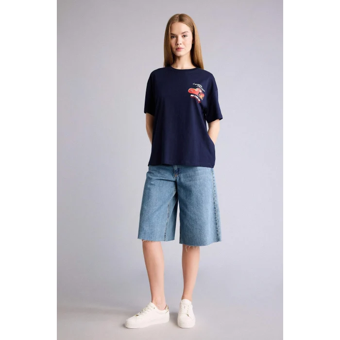 Defacto H0552AXNV251 Lacivert Cars baskılı lacivert oversize kısa kollu tişört.