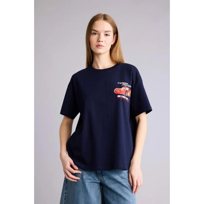 Defacto H0552AXNV251 Lacivert Cars baskılı lacivert oversize kısa kollu tişört.