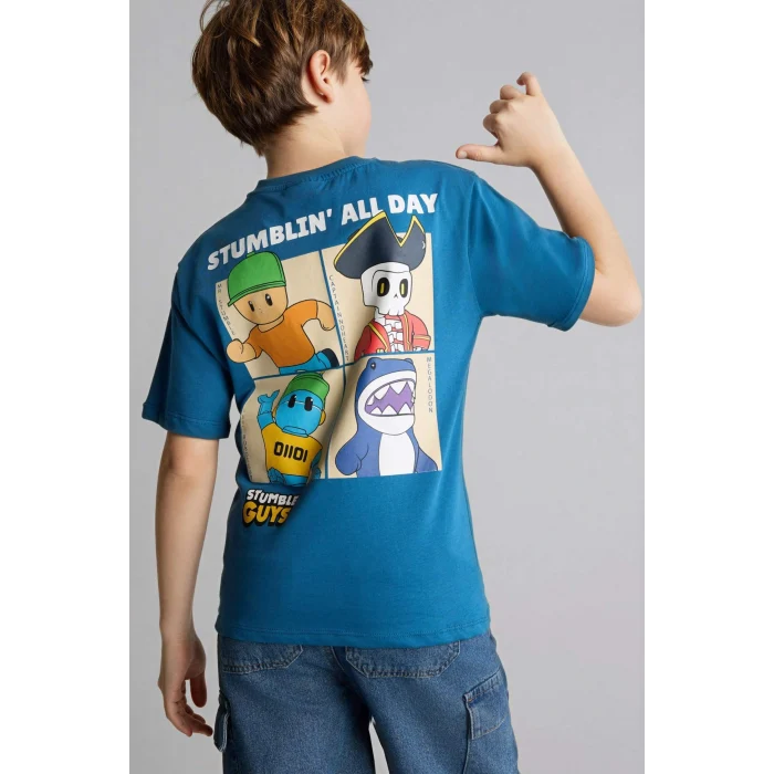 Defacto G8916A8BE376 Mavi Stumble Guys New Regular Fıt Bisiklet Yaka Kısa Kollu Tişört Erkek Çocuk