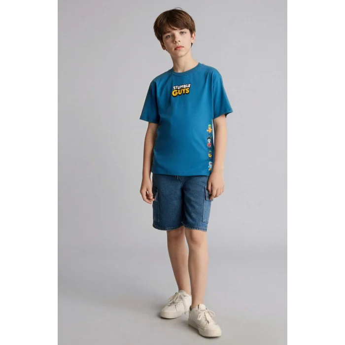 Defacto G8916A8BE376 Mavi Stumble Guys New Regular Fıt Bisiklet Yaka Kısa Kollu Tişört Erkek Çocuk