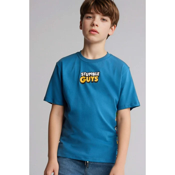 Defacto G8916A8BE376 Mavi Stumble Guys New Regular Fıt Bisiklet Yaka Kısa Kollu Tişört Erkek Çocuk