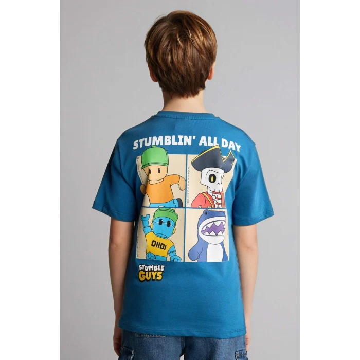 Defacto G8916A8BE376 Mavi Stumble Guys New Regular Fıt Bisiklet Yaka Kısa Kollu Tişört Erkek Çocuk