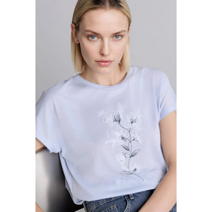 Defacto H2453AXBE216 Mavi Bisiklet Yaka Çiçekli Kısa Kollu Tişört