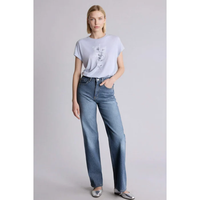 Defacto H2453AXBE216 Mavi Bisiklet Yaka Çiçekli Kısa Kollu Tişört