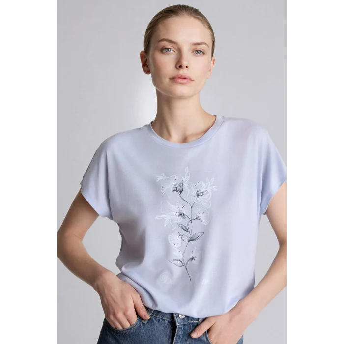 Defacto H2453AXBE216 Mavi Bisiklet Yaka Çiçekli Kısa Kollu Tişört