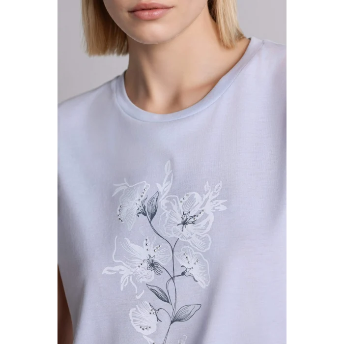 Defacto H2453AXBE216 Mavi Bisiklet Yaka Çiçekli Kısa Kollu Tişört