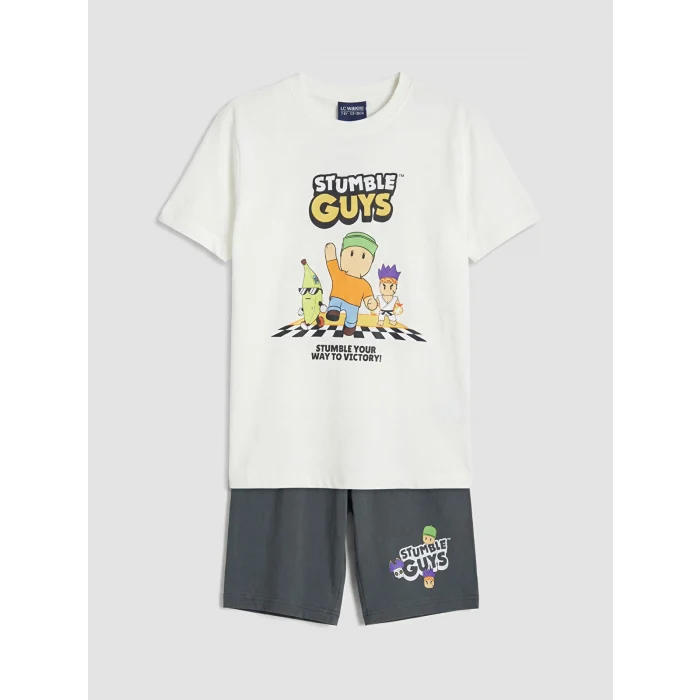 LCW Kids Ekru Stumble Guys Baskılı Erkek Çocuk Şortlu Pijama Takımı