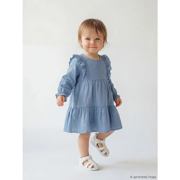 LCW baby Mavi Fırfırlı Kız Bebek Müslin Elbise