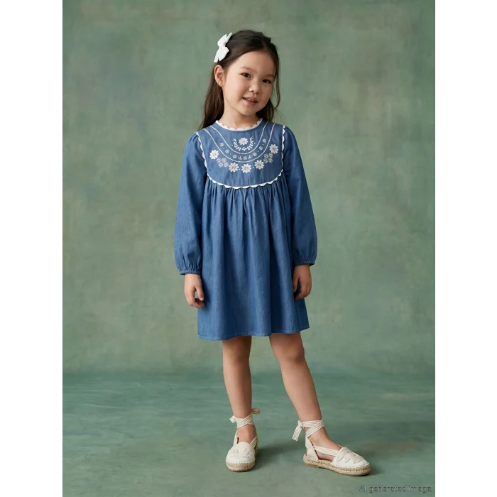 LCW Kids Mavi Bebe Yaka Çiçek Nakışlı Kız Çocuk Elbise