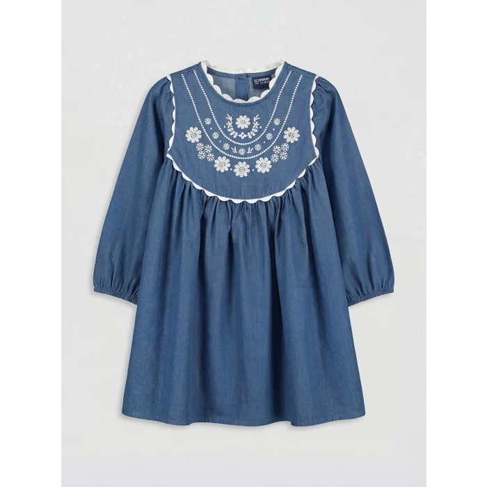 LCW Kids Mavi Bebe Yaka Çiçek Nakışlı Kız Çocuk Elbise