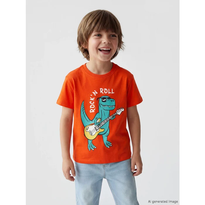 LCW Kids Turuncu Bisiklet Yaka Baskılı Erkek Çocuk Tişört