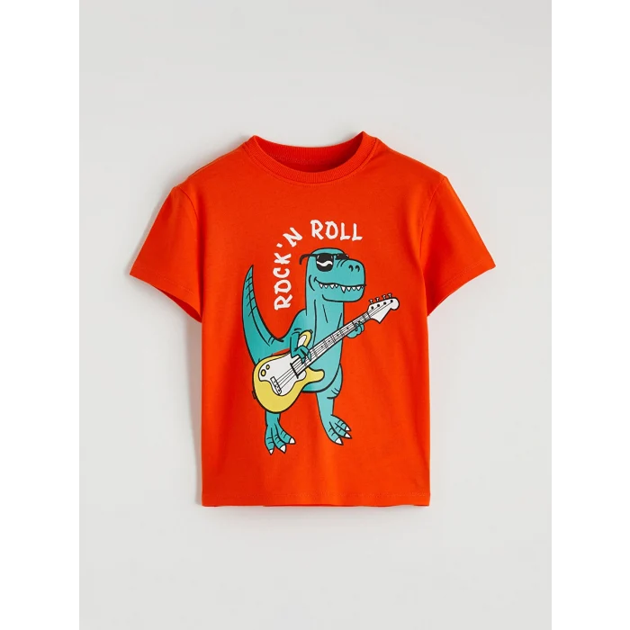 LCW Kids Turuncu Bisiklet Yaka Baskılı Erkek Çocuk Tişört
