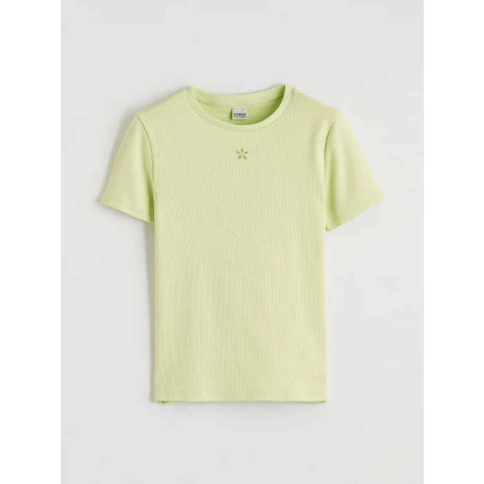LCW Kids Yeşil Bisiklet Yaka Nakışlı Kız Çocuk Tişört