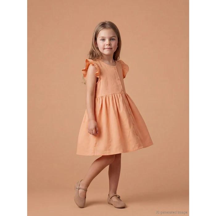 LCW Kids Mercan Kız Çocuk Fırfırlı Keten Görünümlü Elbise