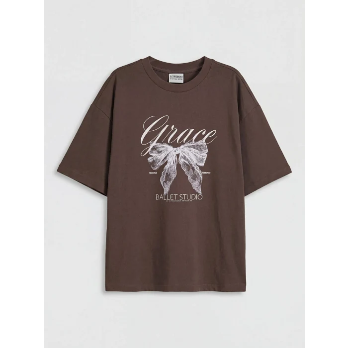 LCW Kids Kahverengi Bisiklet Yaka Baskılı Kız Çocuk Tişört